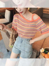 Rainbow Striped Skew Collar Off Shoulder Shirt